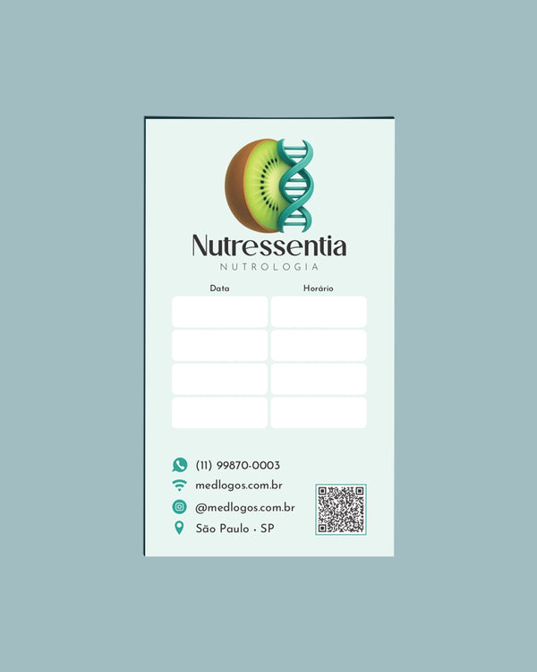Cartão de retorno para consultas em nutrologia com campos para data e orientações, impresso pela gráfica médica Med Logos.
