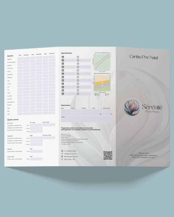 Capa ilustrada do cartão pré-natal modelo com lindo design, papel premium fosco que não borra, ideal para obstetrícia pela Med Logos.