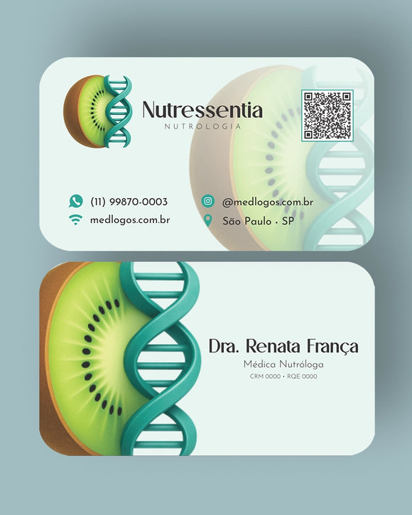 Cartão de visita para nutrologistas e nutricionistas com design elegante, logo e contatos, impresso em papel premium pela gráfica Med Logos.