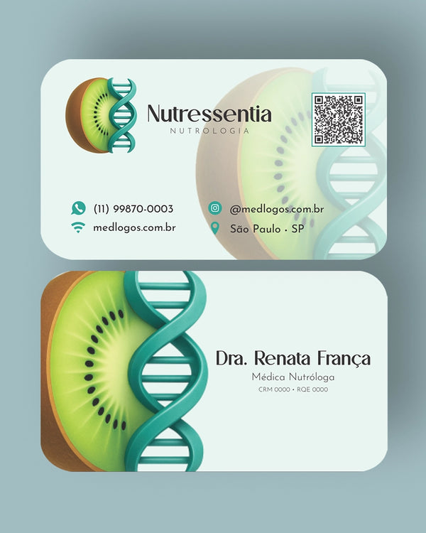 Cartão de visita para nutrologistas e nutricionistas com design elegante, logo e contatos, impresso em papel premium pela gráfica Med Logos.