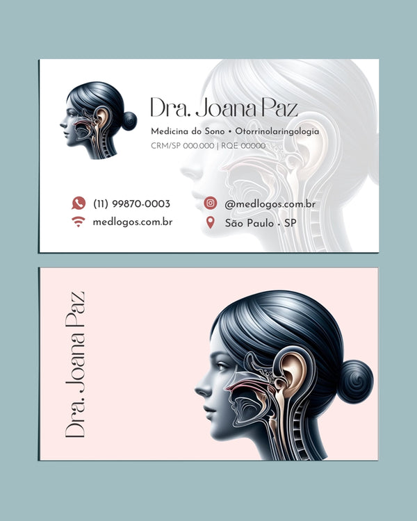 Cartão de visita para otorrinolaringologistas com design elegante, logo e contatos, impresso em papel premium pela gráfica Med Logos. Acabamento exclusivo com relevo.