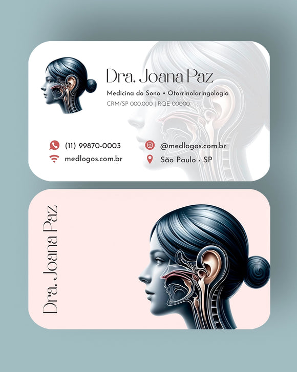 Cartão de visita para otorrinolaringologistas com design elegante, logo e contatos, impresso em papel premium pela gráfica Med Logos. Cantos arredondadados.