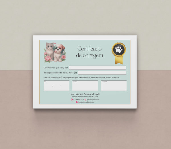 Certificado de coragem pet impresso em MedFiber® 240g, formato 15x21cm, ideal para encantar tutores e gerar engajamento nas redes.