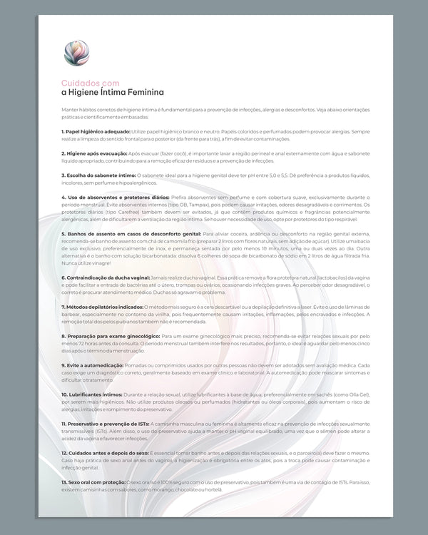 Checklist de saúde genital feminina com orientações sobre higiene íntima, cuidados com a calcinha e prevenção de infecções, material educativo para clínicas ginecológicas.