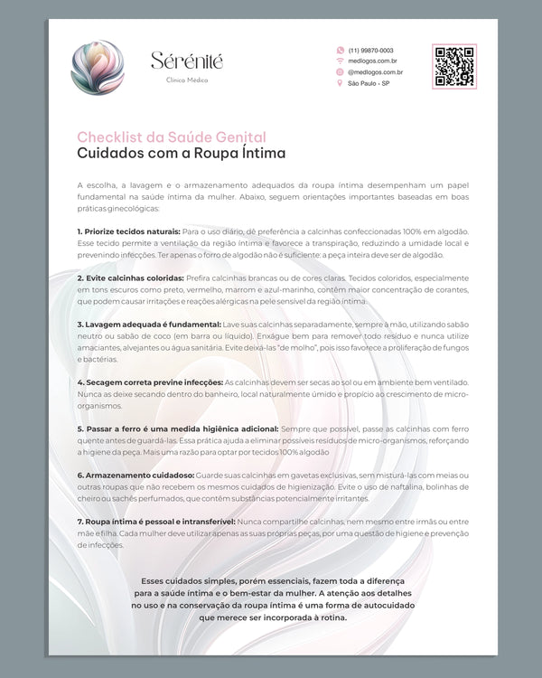 Checklist de saúde genital feminina com orientações sobre higiene íntima, cuidados com a calcinha e prevenção de infecções, material educativo para clínicas ginecológicas.