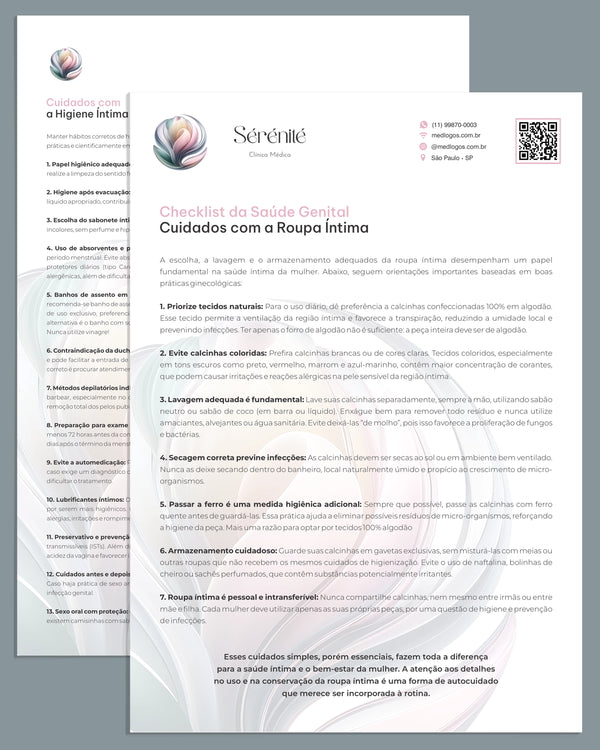 Checklist de saúde genital feminina com orientações sobre higiene íntima, cuidados com a calcinha e prevenção de infecções, material educativo para clínicas ginecológicas.