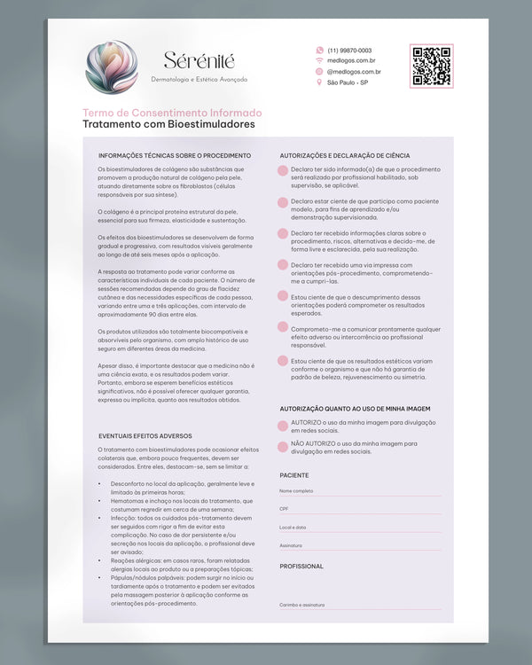 Termo de consentimento para bioestimulador de colágeno