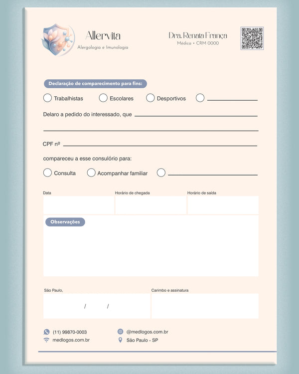 Declaração de comparecimento para alergologia e imunologia, impressão clara e elegante