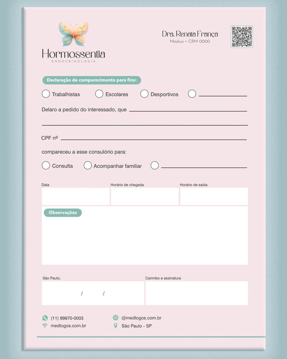Declaração de comparecimento endocrinologia - impressão premium e layout funcional.