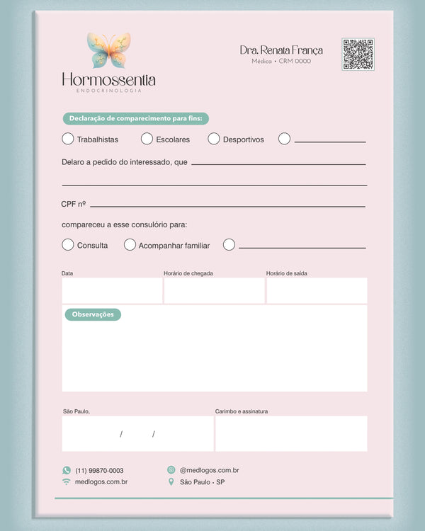 Declaração de comparecimento endocrinologia - impressão premium e layout funcional.