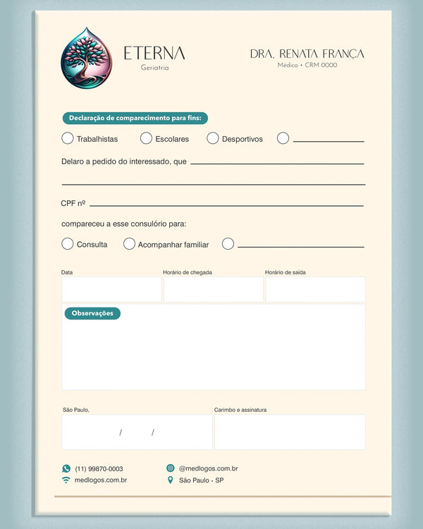 Declaração de comparecimento geriatria - impressão premium e layout funcional.