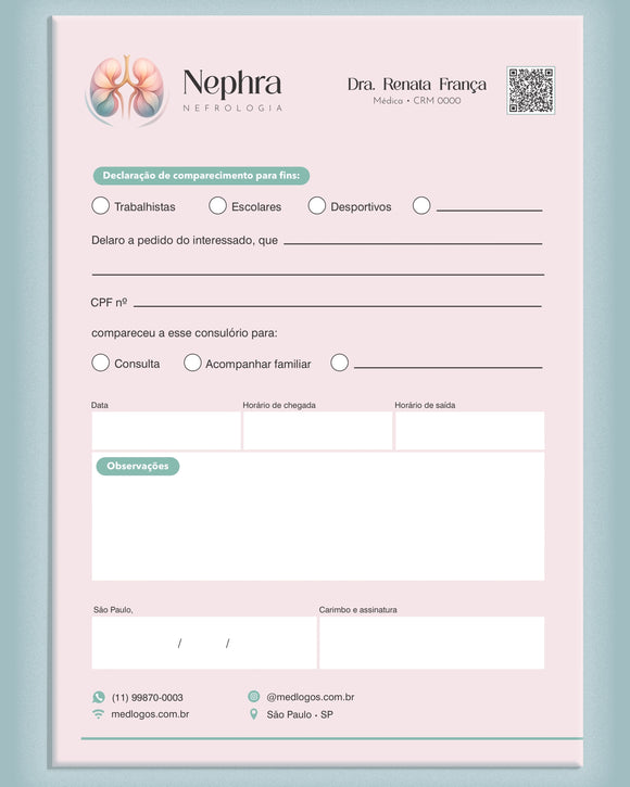 Declaração de comparecimento para nefrologia, impressão profissional e funcional