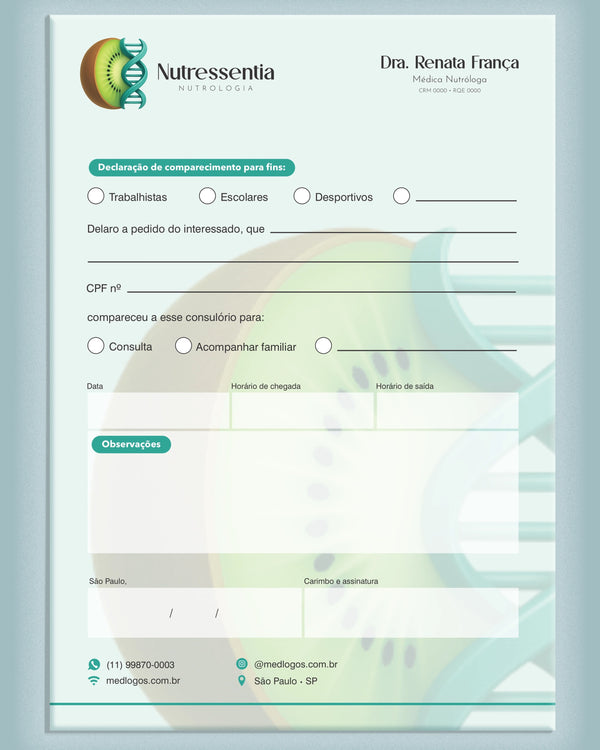 Declaração de comparecimento para consultas em nutrologia, com campos para data e duração, impressa pela gráfica médica especializada Med Logos.