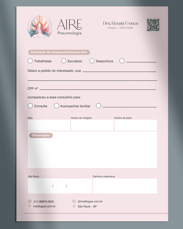 Declaração de comparecimento para pneumologia, impressão profissional.