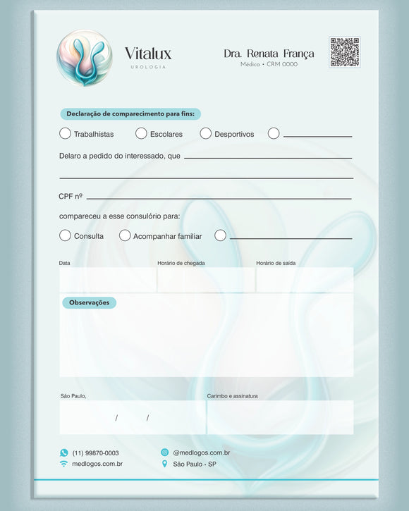 Declaração de comparecimento para consultas em urologia, com campos para data e duração, impressa pela gráfica Med Logos.