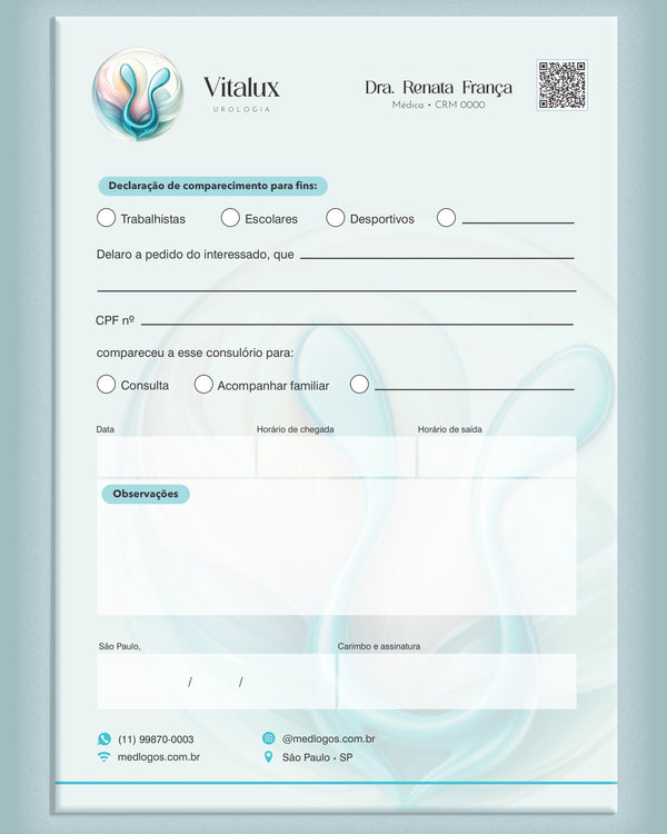 Declaração de comparecimento para consultas em urologia, com campos para data e duração, impressa pela gráfica Med Logos.