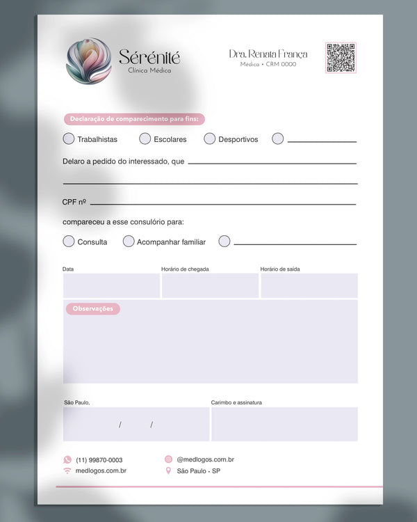 Declaração de comparecimento para clínicas e consultórios médicos. Personalização e impressão gráfica para médicos.