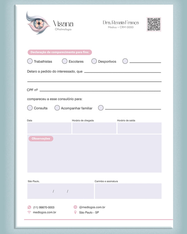 Declaração de comparecimento oftalmologia - impressão clara e funcional.
