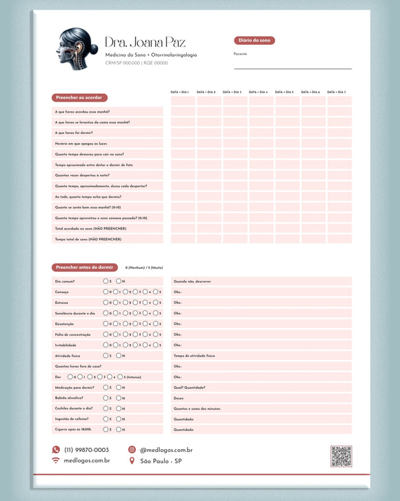 Diário do sono para medicina do sono com campos para registro de padrões e hábitos, impresso pela gráfica Med Logos.