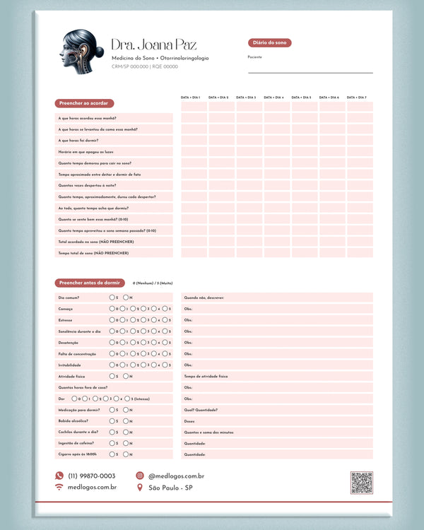 Diário do sono para medicina do sono com campos para registro de padrões e hábitos, impresso pela gráfica Med Logos.