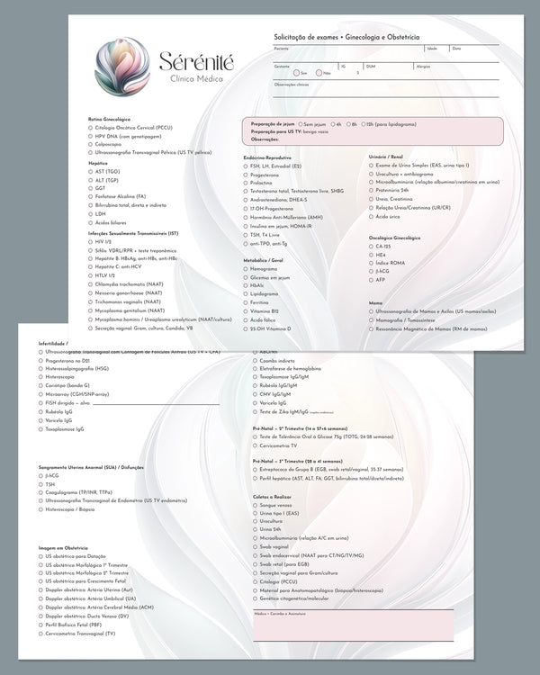 Solicitação de exames completa para ginecologia e obstetrícia. Impressão e design premium.