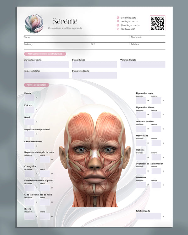 Ficha de pontos de aplicação para toxina botulínica para dermatologistas. Impressão premium.