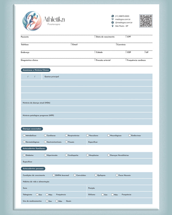 Ficha de avaliação de fisioterapia impressa em papelaria premium
