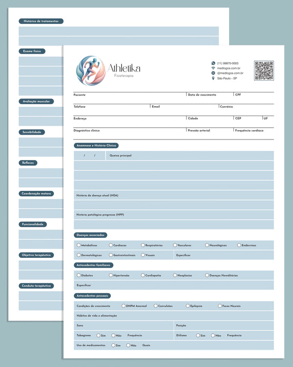 Ficha de avaliação de fisioterapia impressa em papelaria premium