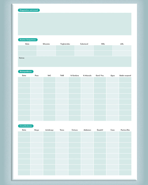 Ficha clínica de anamnese para nutrologia e nutricionistas com campos para avaliação nutricional, histórico e dados do paciente, impressa pela gráfica Med Logos.