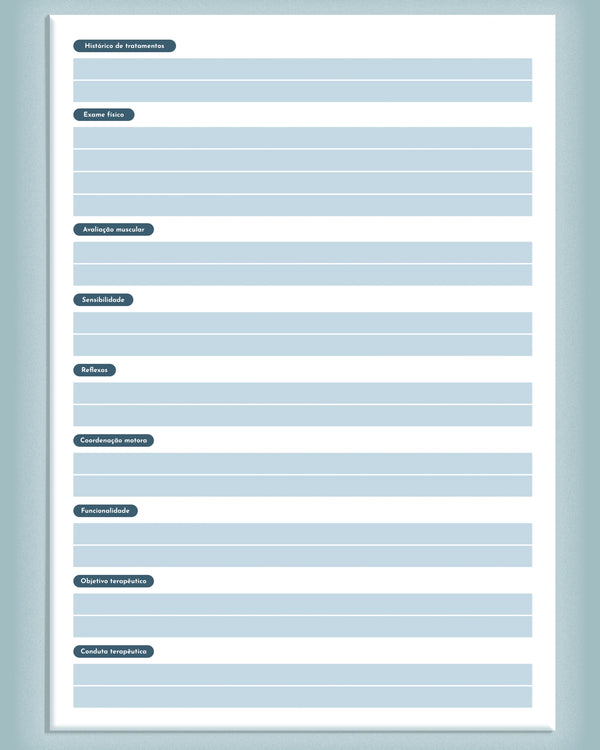 Ficha de avaliação de fisioterapia impressa em papelaria premium