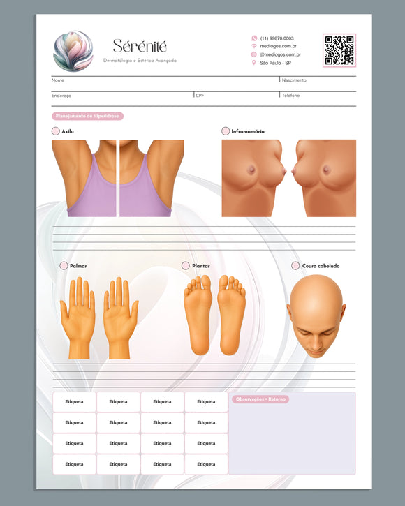 Ficha clínica de hiperidrose com termo de consentimento para toxina botulínica em axilas, palmas, plantas dos pés, couro cabeludo e inframamário