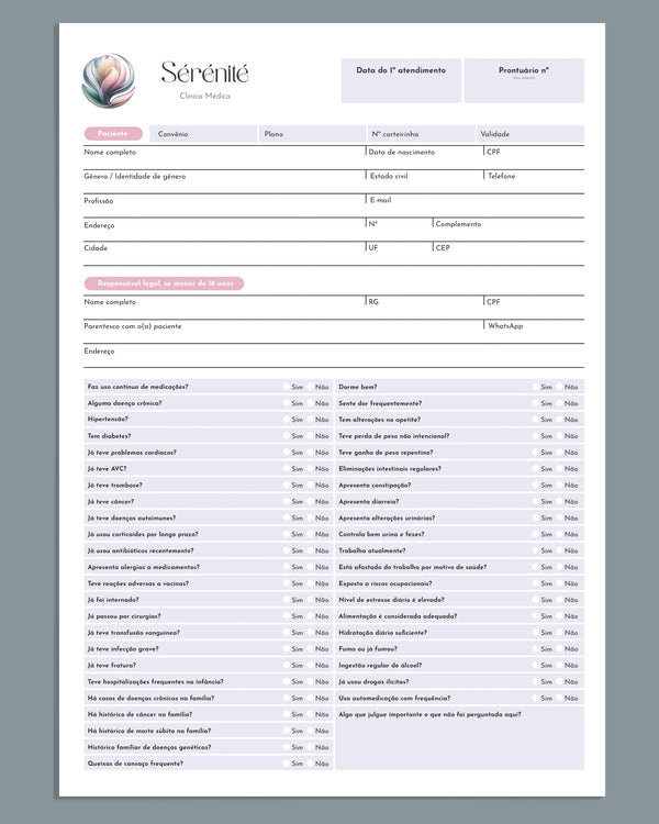 Ficha de cadastro do paciente para clínicas e consultórios médicos
