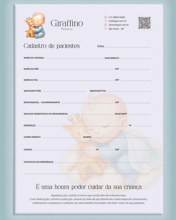 Ficha de cadastro e papelaria pediátrica especializada.