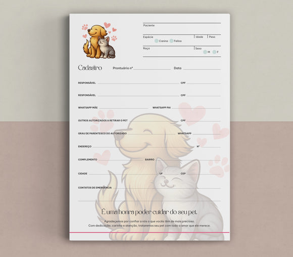 Ficha de cadastro para clínica veterinária com dados do animal e tutor | Formulário de registro de pacientes veterinários - Med Logos Pet Shops também podem usar.