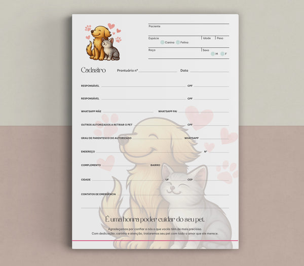 Ficha de cadastro para clínica veterinária com dados do animal e tutor | Formulário de registro de pacientes veterinários - Med Logos Pet Shops também podem usar.