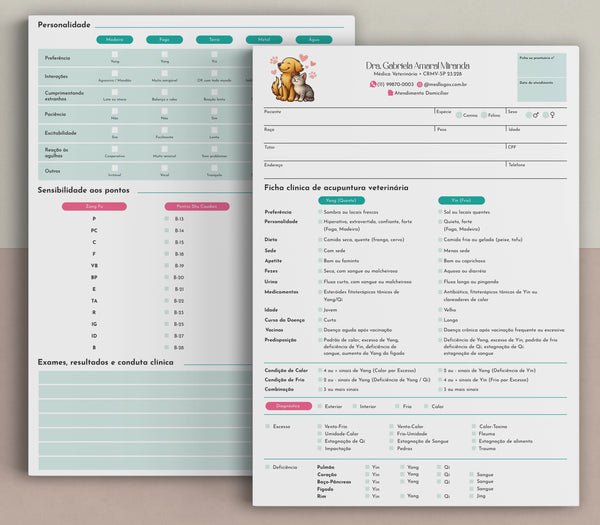 Ficha clínica de acupuntura veterinária com mapa de meridianos | Formulário para medicina tradicional chinesa em animais