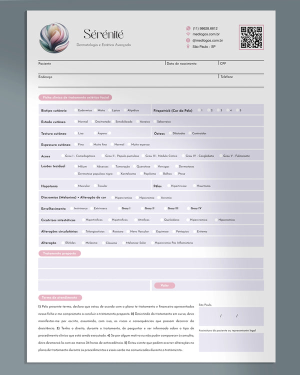 Ficha clinica completa com anamnese para procedimentos de estetica facial, destinado a médicos dermatologistas, biomedicas estetas e profissionais da estética em geral