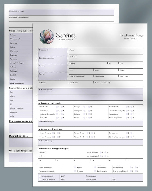 Ficha clínica de atendimento e exame ginecológico