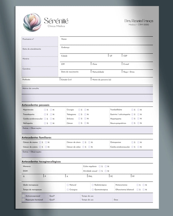Ficha clínica de atendimento e exame ginecológico