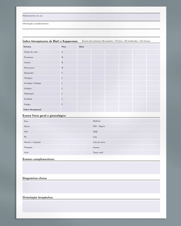 Ficha clínica de atendimento e exame ginecológico