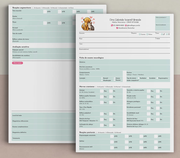 Ficha de exame neurológico veterinário com escala de reflexos | Formulário para localização de lesões neurológicas em animais