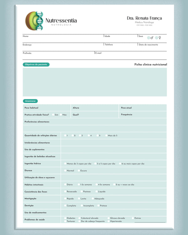 Ficha clínica de anamnese para nutrologia e nutricionistas com campos para avaliação nutricional, histórico e dados do paciente, impressa pela gráfica Med Logos.
