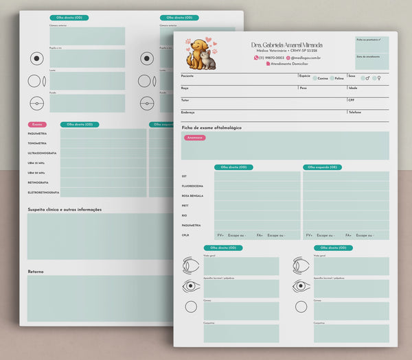 Ficha de exame oftalmológico completo para cães e gatos | Formulário de oftalmologia veterinária com diagramas da retina