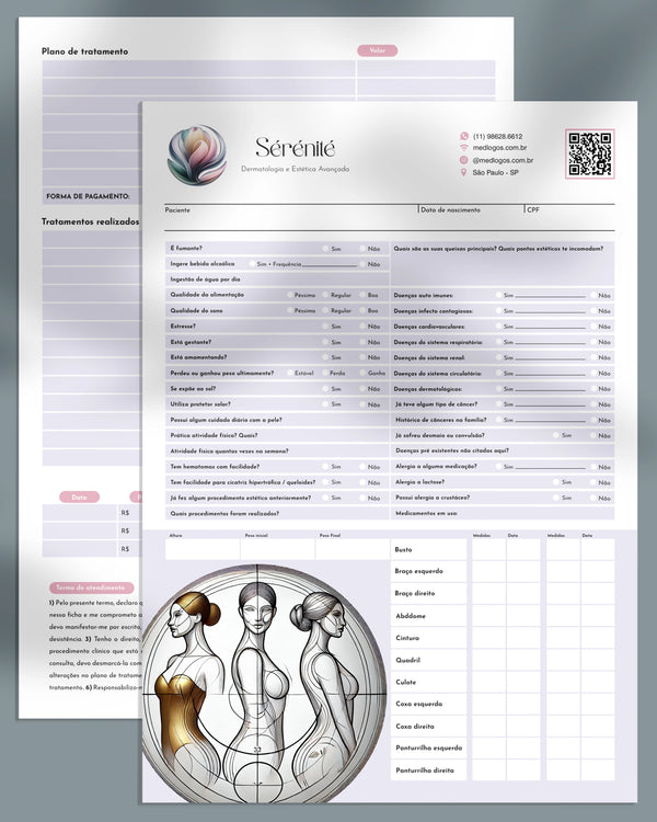 Ficha corporal completa. Formulário clinico com anamnese de procedimentos de estética avançada corporal.