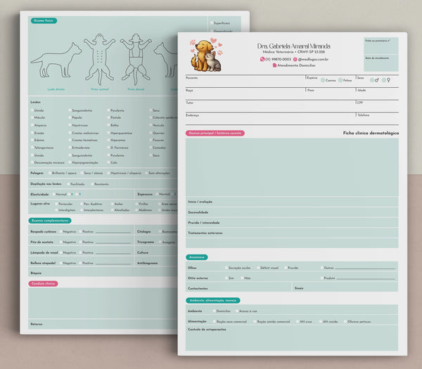 Ficha dermatológica veterinária com mapa corporal para lesões | Formulário de investigação de alergias em cães e gatos