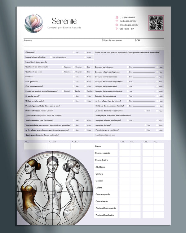 Formulário clinico com anamnese de procedimentos de estética avançada corporal.