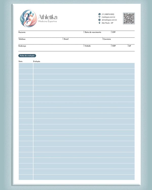Ficha de evolução em medicina esportiva e fisioterapia com impressão premium