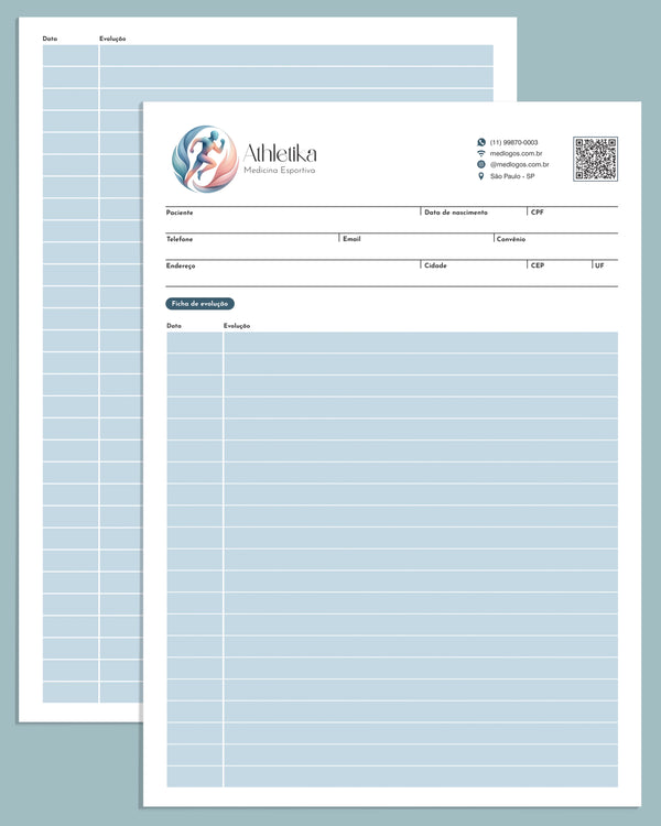 Ficha de evolução em medicina esportiva e fisioterapia com impressão premium