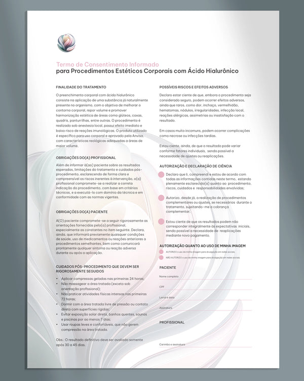 Ficha clínica de harmonização corporal com ácido hialuronico com espaço para selos dos preenchedores e termo de consentimento.
