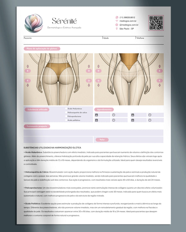 Ficha de harmonização glútea com injetáveis para estética avançada. Impressão premium.